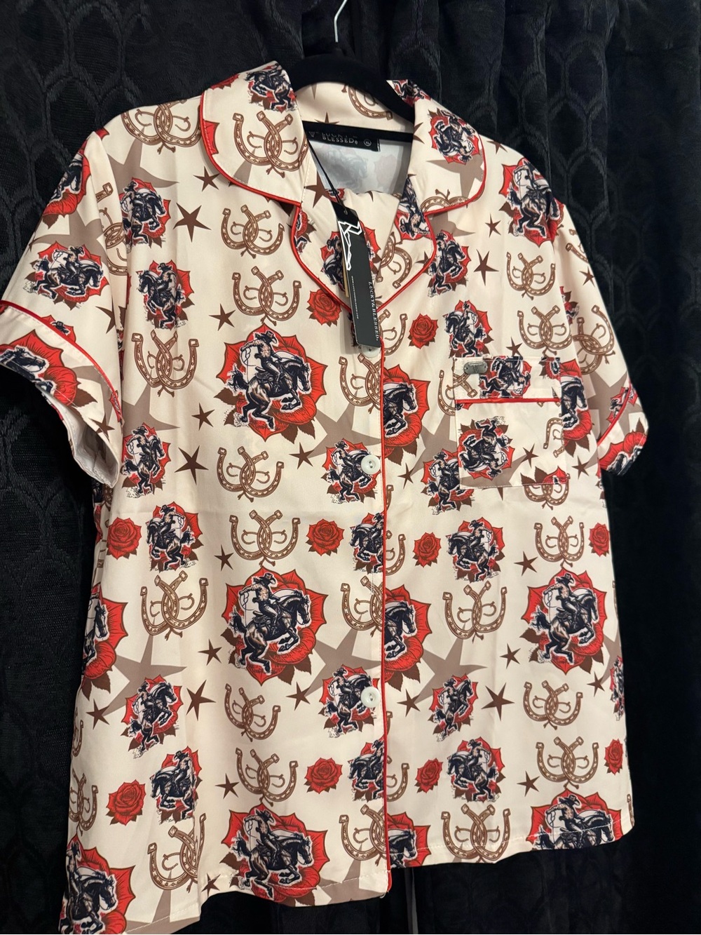 Cream Short-Sleeve Pajama Top with Red & Brown Western Print